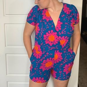 Blue/Pink Floral Romper with Pockets Size Medium